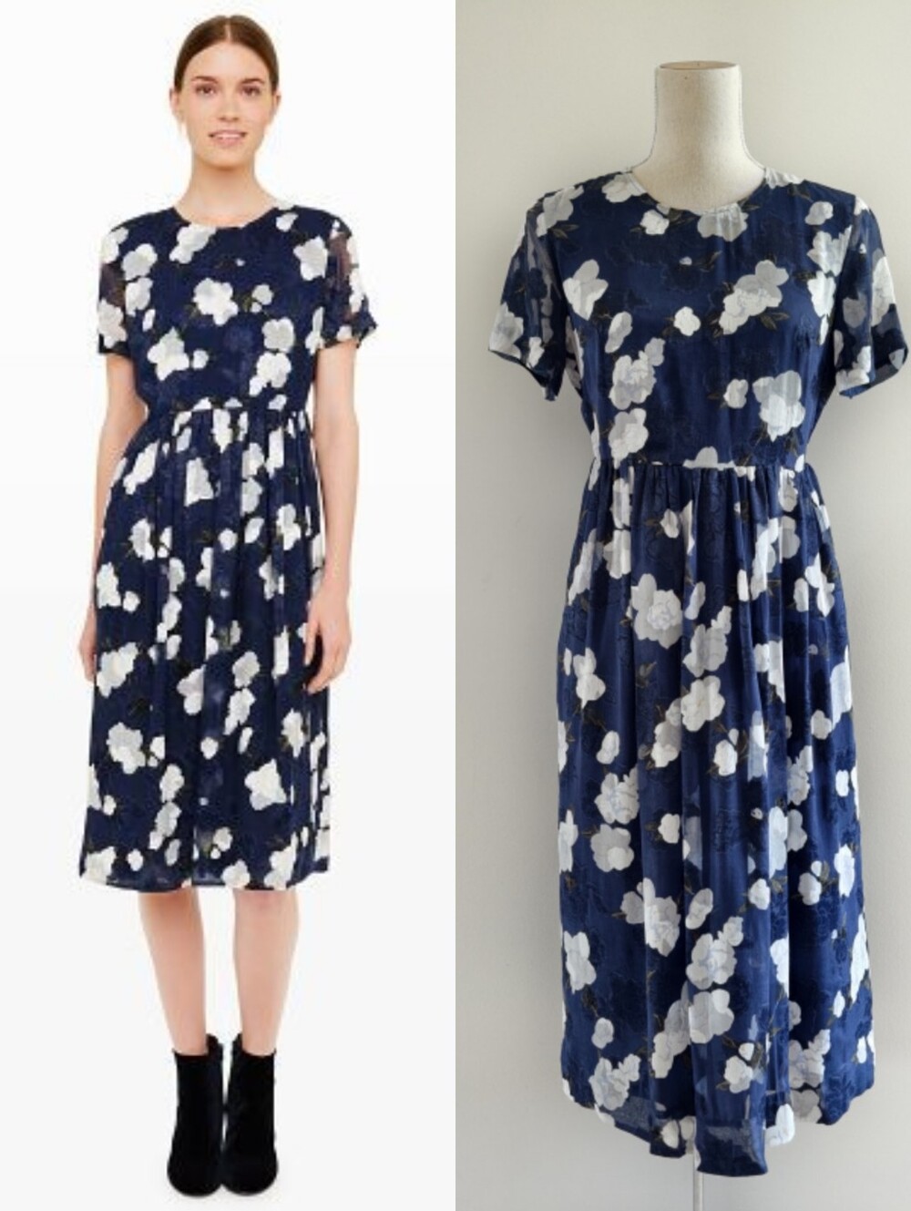 Club Monaco Silk Blend Lutecia Navy and White Floral Midi Dress